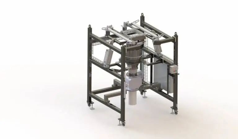 Dosiereinheit in einem Metallgestellt. Oben ein Einfüllstutzen, der das Material in eine darunterliegende Dosiereinheit führt. die Unter der Dosiereinheit ist ein weißes Rohr.