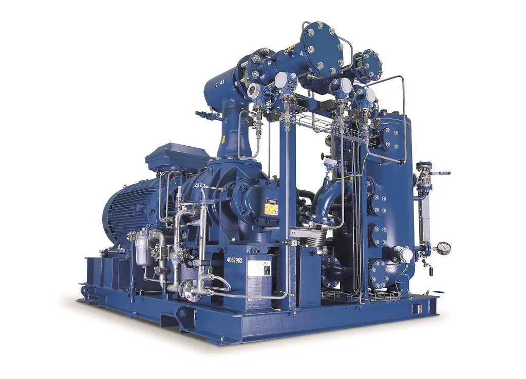 Schraubenverdichter in Blau gespritzt. Ein Kompressor und viele Rohre und Druckbehälter.