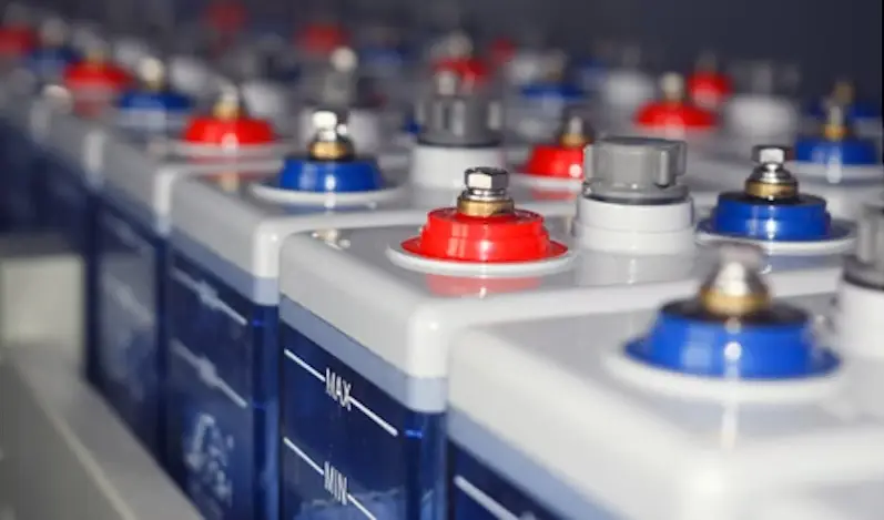 Rechteckige Batterien mit roten und blauen Dioden sowie einem Drehverschluss auf der Oberseite
