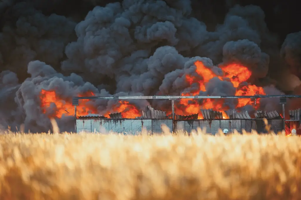 Brand auf einem Recyclinghof von Getreidefeld aus festgehalten.