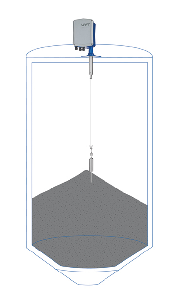 Grafik eines Silos mit dem UWT Lotsensor NB 3200 mit Bandausführung inkl. Edelstahlgewicht mit Stachel