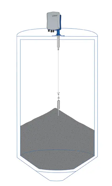 Grafik eines Silos mit dem UWT Lotsensor NB 3200 mit Bandausführung inkl. Edelstahlgewicht mit Stachel