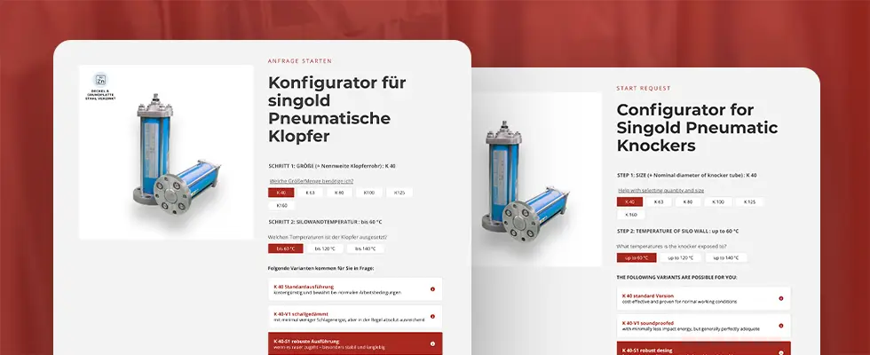 Screenshot des online Konfigurators eines industriellen Kloppfer Herstellers aus Deutschland
