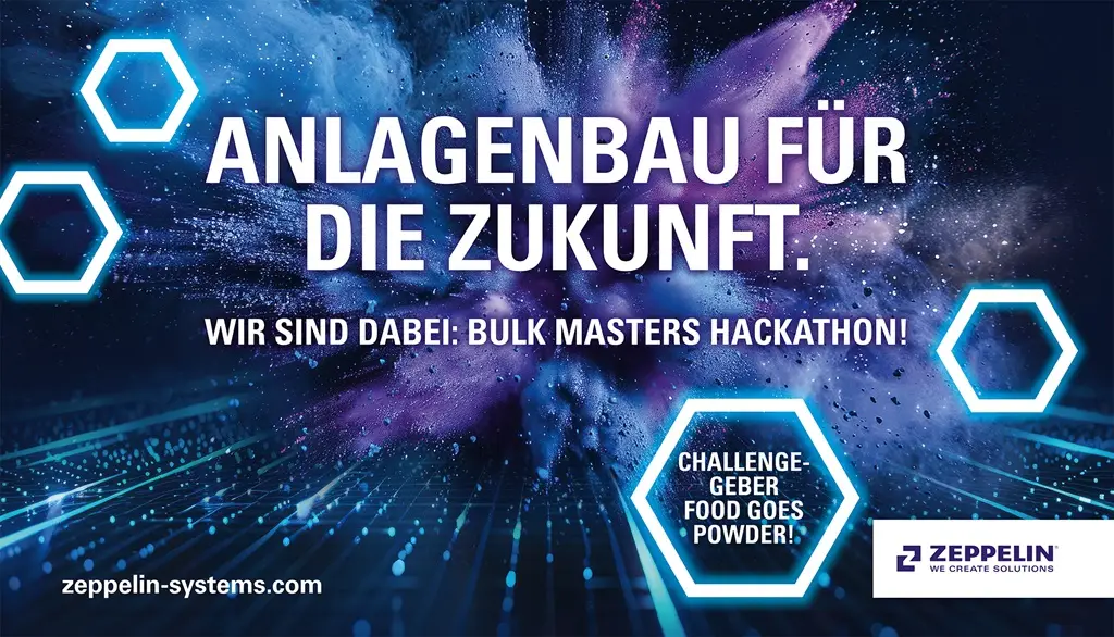 Anlagenbau für die Zukunft steht auf einem Blau-Lila Hintergrund der Zeppelin Ansage, dass sie beim Bulkmaster hackaton dabei sind