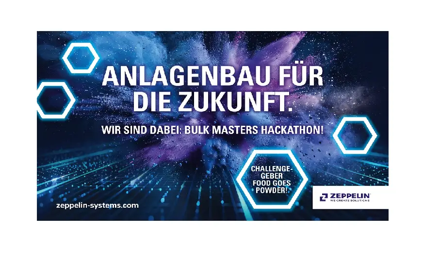 Anlagenbau für die Zukunft steht auf einem Blau-Lila Hintergrund der Zeppelin Ansage, dass sie beim Bulkmaster hackaton dabei sind