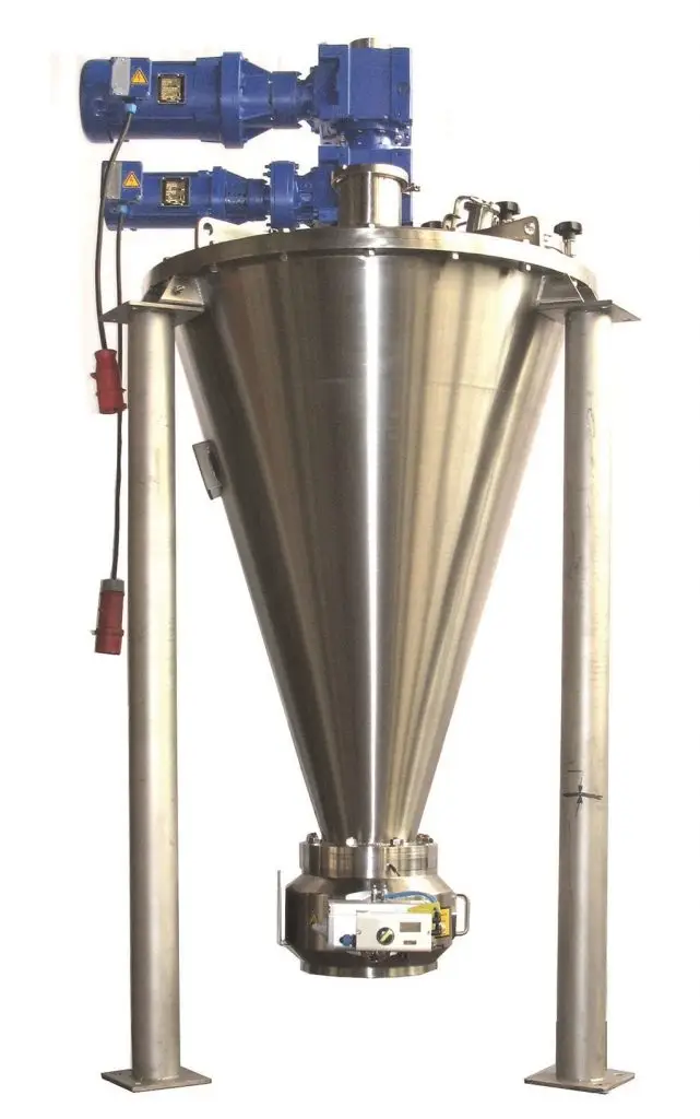 Produktfoto eines Bolz Summix Konus Schnecken Mischers, auf Stelzen steht ein Konischer Metalltrichter auf dem oben Antriebsmotoren angebracht sind.