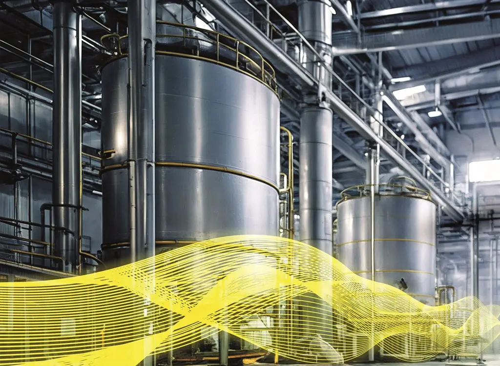 Vor großen Silos in einer Industriehalle wurde eine Vibrationstechnische Grafik von Schüttgut-Handling in Gelb montiert.