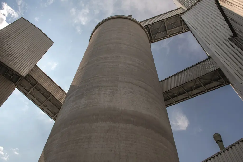 Blick von unten auf den Turm eines Zementwerks.