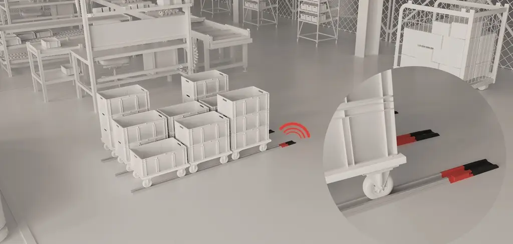 Grafik einer Steuerungstechnik: ein funkgestütztes Kommunikationssystem für Kisten und Wagen auf kleinen Rollen