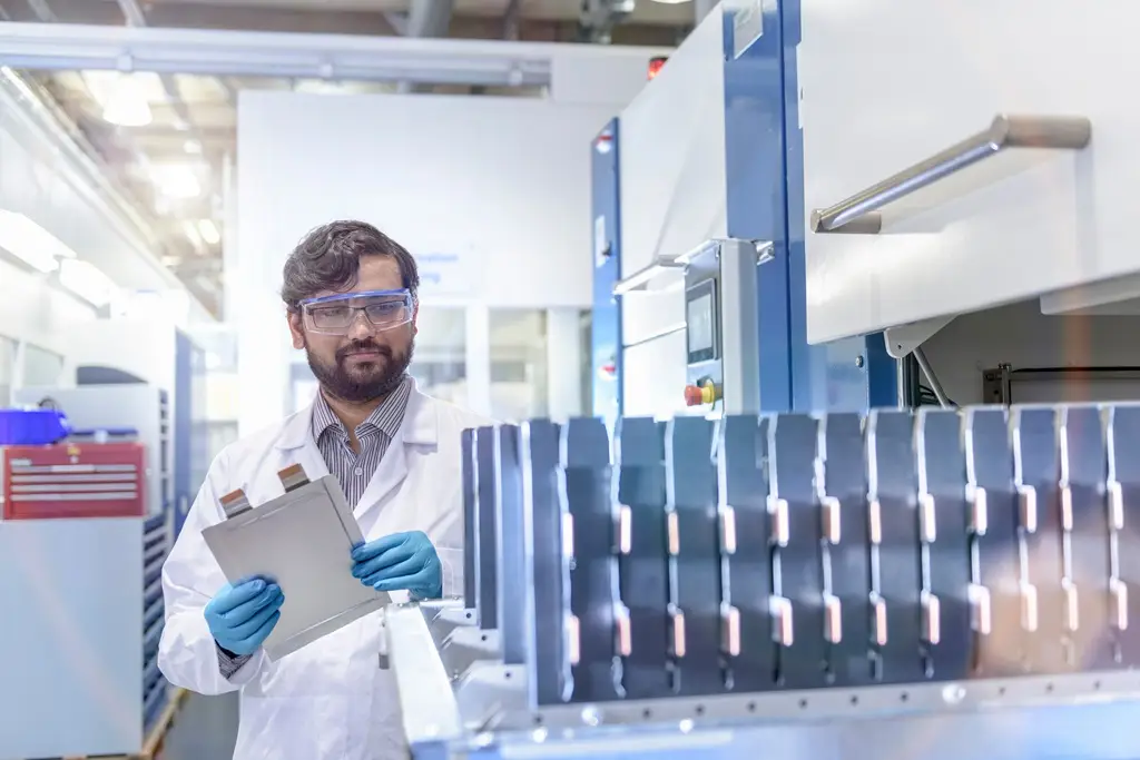 Mitarbeiter in industrieller Fertigung mit Schutzbrille kontrolliert ein Element.