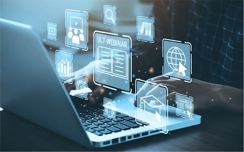 Grafik: Zwischen einem Laptop und einem User sind Icons unterschiedlicher Anwendungen zu sehen.