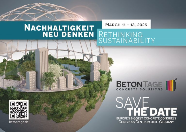 Save the Date BetonTage Ulm. Grafik eines Globus unten Erde, oben stilisierte Städte, Seen und eine weiße Kuppelkonstruktion, die den Globus vervollständigt.