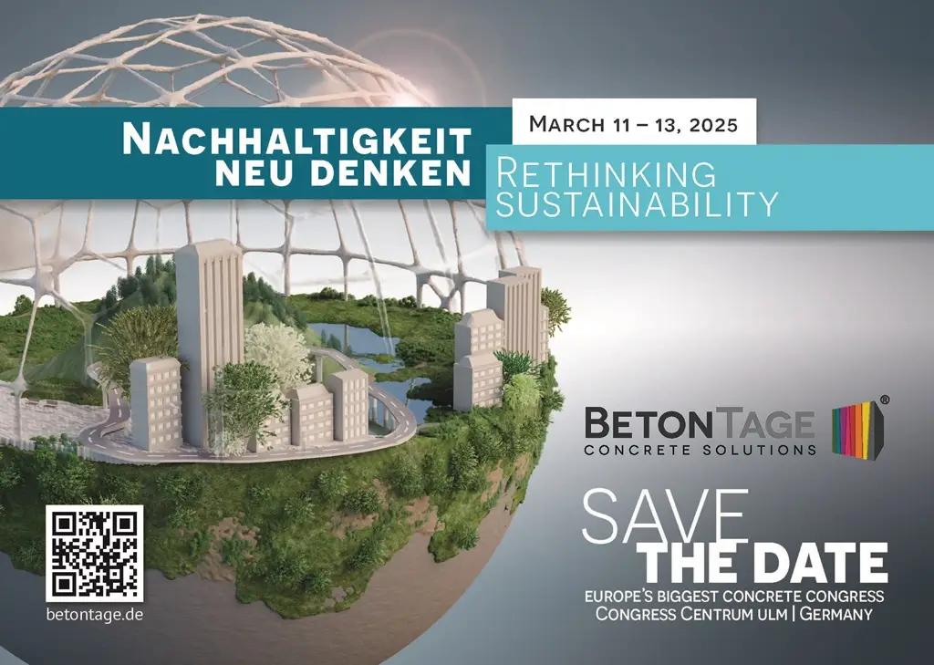 Save the Date BetonTage Ulm. Grafik eines Globus unten Erde, oben stilisierte Städte, Seen und eine weiße Kuppelkonstruktion, die den Globus vervollständigt.
