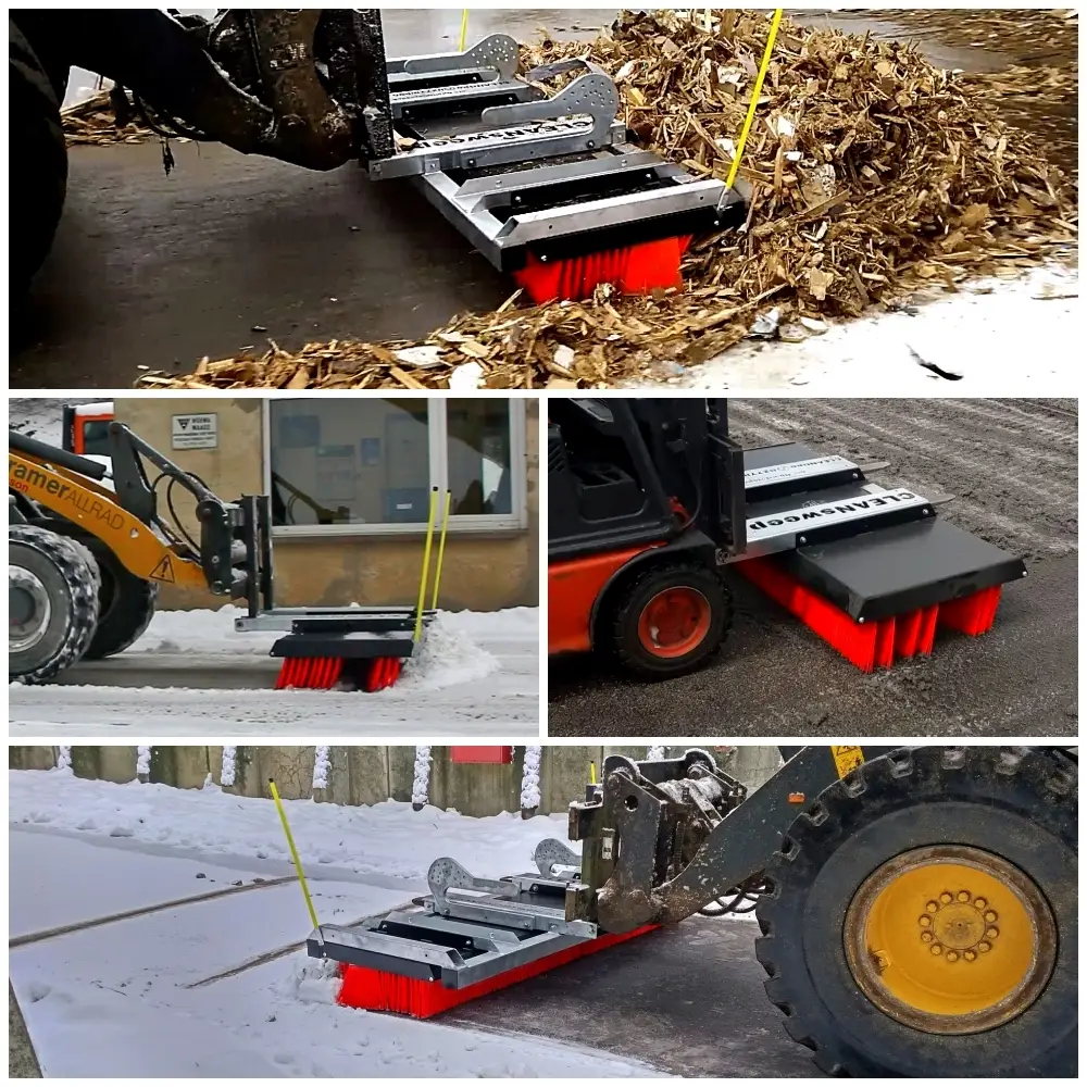 Collage mit Besen, der vor einen Radlader gespannt ist. Schnee, Holzreste und Dreck wird auf den 4 Bildern gefegt.