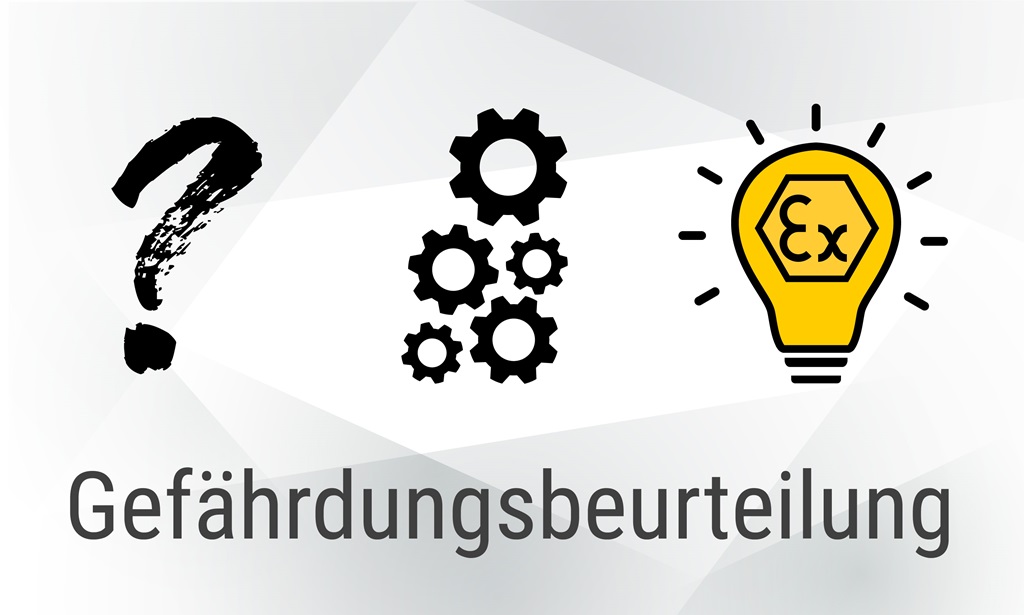 Grafik - Fragezeichen - Schraubenmuttern - Glühbirne in Gelb mit einem EX Zeichen darin, darunter das Wort Gefährdungsbeurteilung.