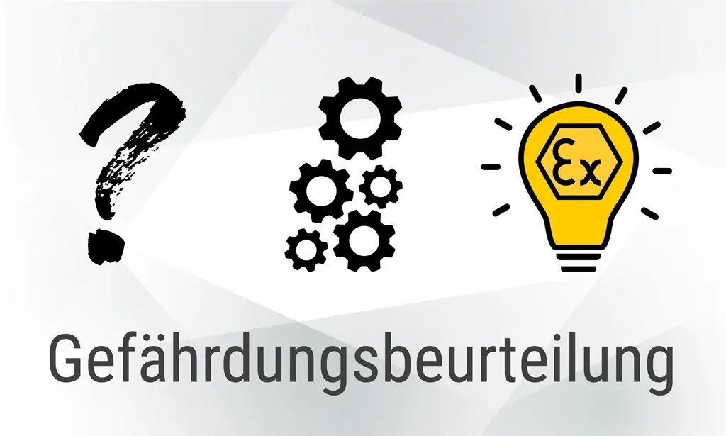Grafik - Fragezeichen - Schraubenmuttern - Glühbirne in Gelb mit einem EX Zeichen darin, darunter das Wort Gefährdungsbeurteilung.