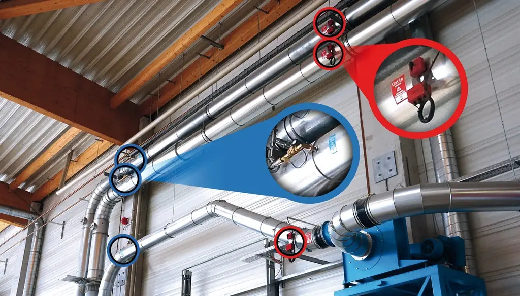 Rohrbau in einer Industriehalle. Darüber gelegt eine Grafik, die die dort eingebauten Brandschutz-Elemente vergrößert.