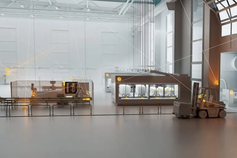 Grafik einer Industriehalle mit Kommunikationslinien für das Wlan der Automatisierung