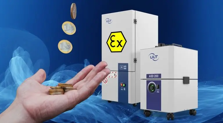 Industrie-Absaug Geräte. Links für Ex Schutz geeignet, rechts ein kleines Modell der Ult AG