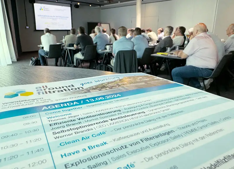 Bild eines Veranstaltungsraums. Im Vordergrund ein Flyer mit der Agenda der all around filtration