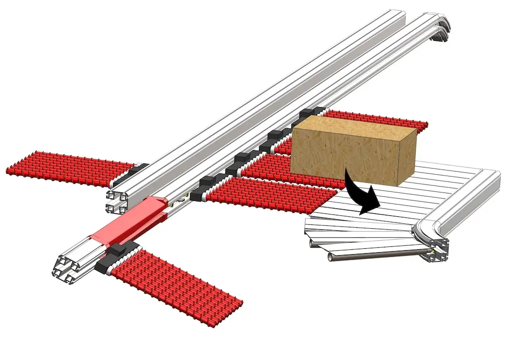 Schema eines Fördersystems, welches einen Quader aus Sperrholz transportiert