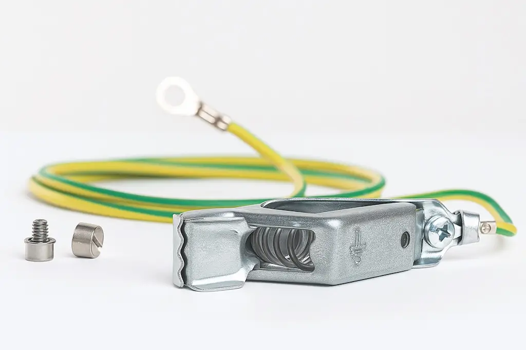 Ein geld grünes Kabel mit einer Öse auf der eien und einer Klemme auf der anderen Seite.