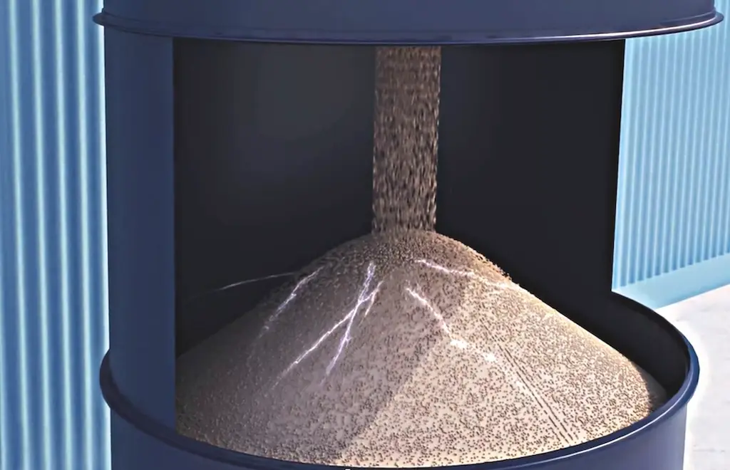 Wir sehen ein schematisch aufgeschnittenes Silo in dem Schüttgut in Kegelform entladen wird