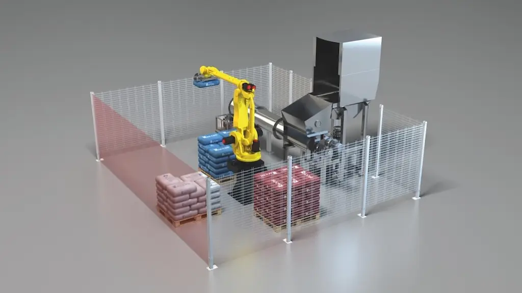 Automatisierte Station mit Roboterarm, 3 Sackstapeln und einer Luke mit Fördersystem