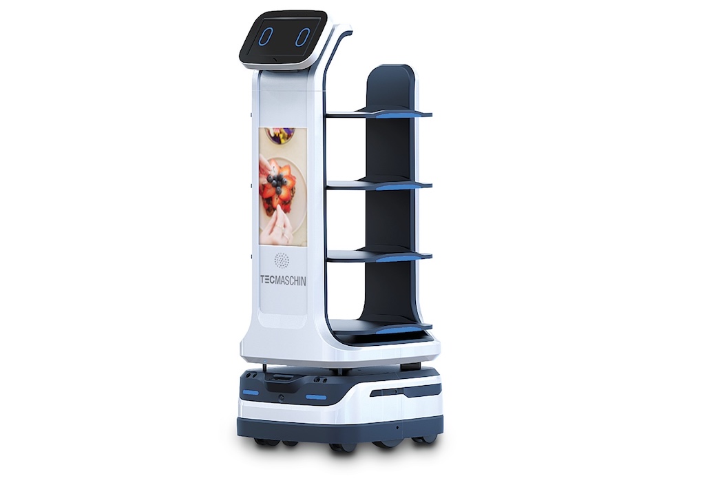 Weiß, blauer Roboter mit Etagenartigem aufbau