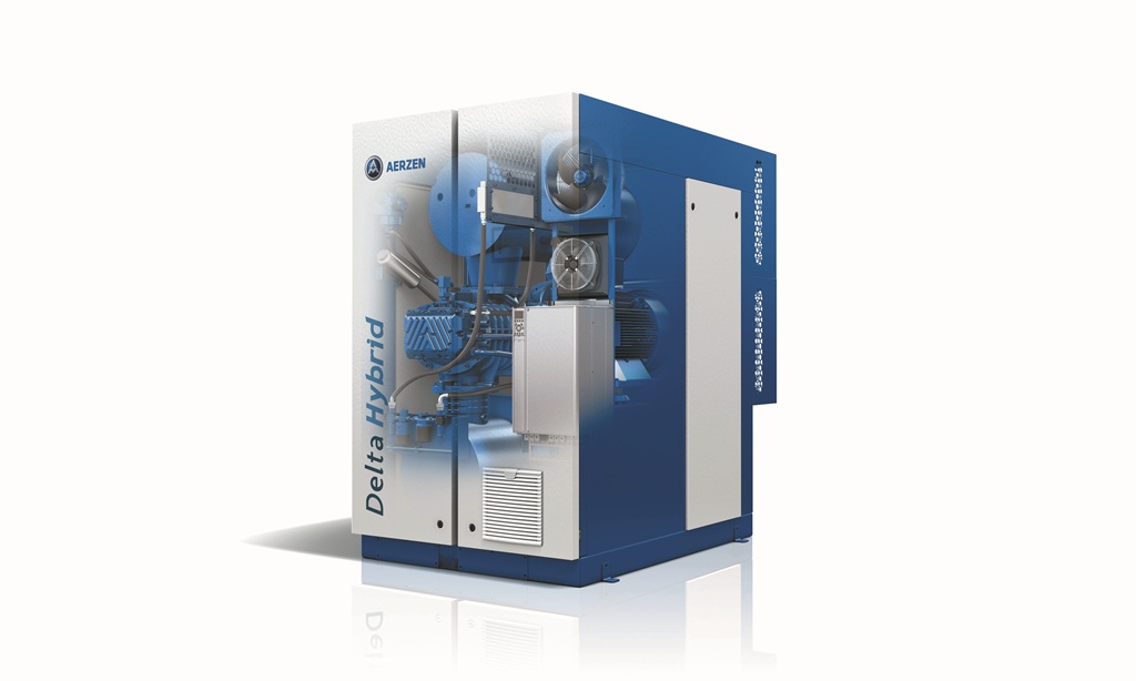 Ein Delta-Hybrik-Kompressor der Firma Aerzen mit gläserner Frontwand. Bild von Aerzen