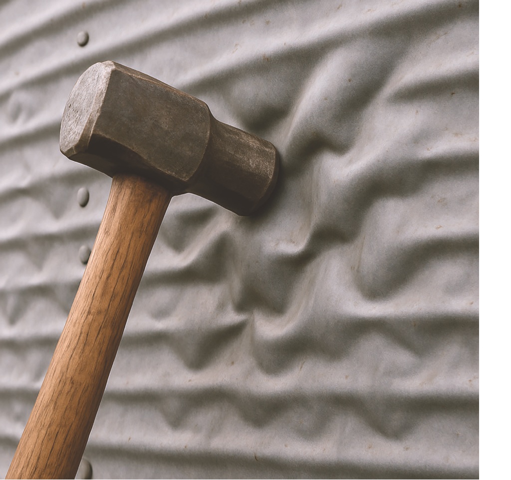 Ein Hammer deformierte eine leicht gewellte Metallplatte