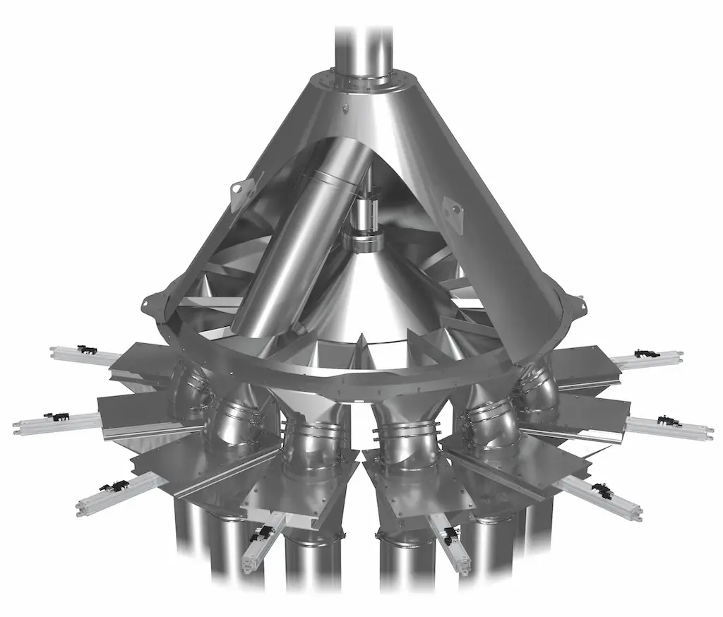Konstruktion aus Metall die für eine Verteilung von Dosen zuständig ist