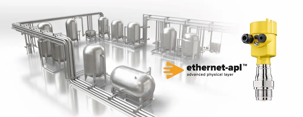 Sensor mit gelbem Kopf vor einer Industrieanlage, die schematisch dargestellt ist