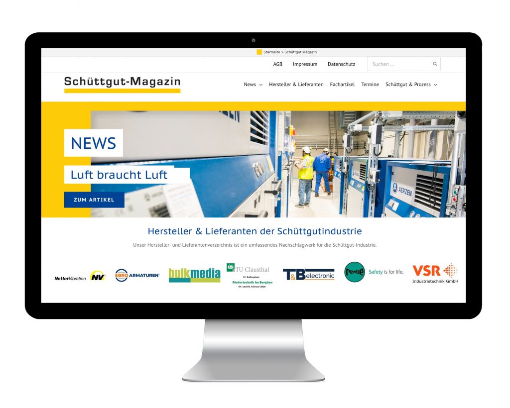 Bildschirm mit schüttgutmagazin als Desktopbild. Gelber Hintergrund und Ein Bild von einem Kompressorhersteller mit Personal. Darunter Logos von Kunden.