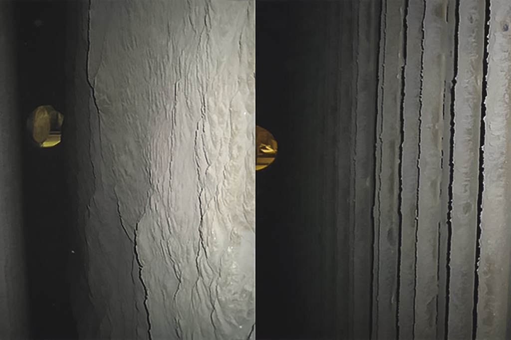In zwei geteiltes Bild. Links stark verstaubte wand. Rechts leicht verstaubte Wand