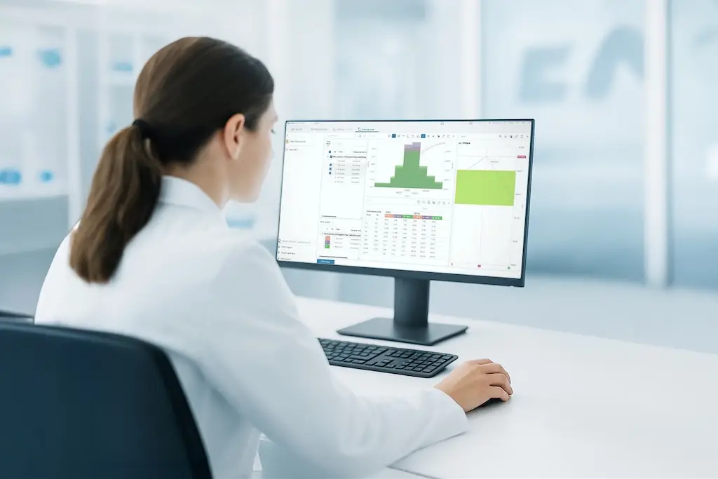 Eine Frau von hinten an einem Schriebtisch vor einem Laptop