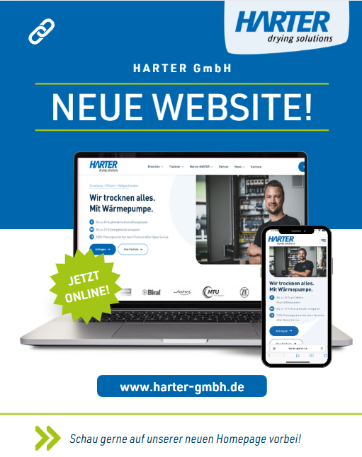 Ankündigung dass Harter eine neue Website hat. Ein Bildschirm und ein Mobiltelefon mit dem Hinweiß der Aktualisierung