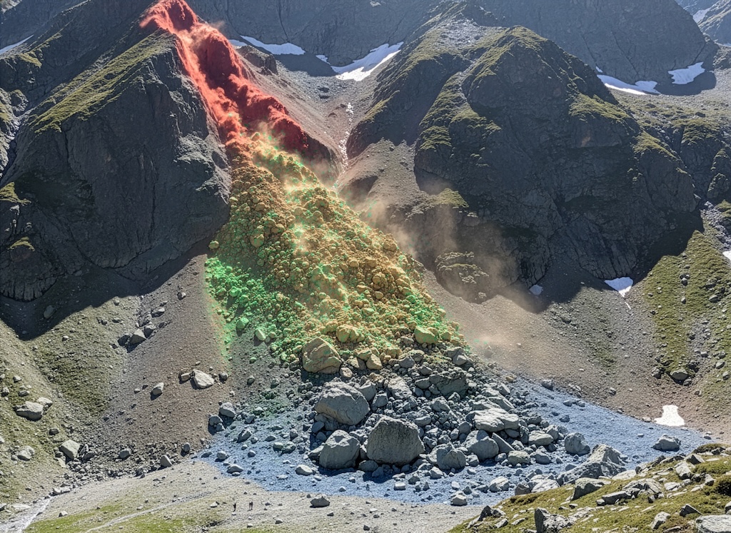 Berg von dem Bunterstaub und Steine fallen