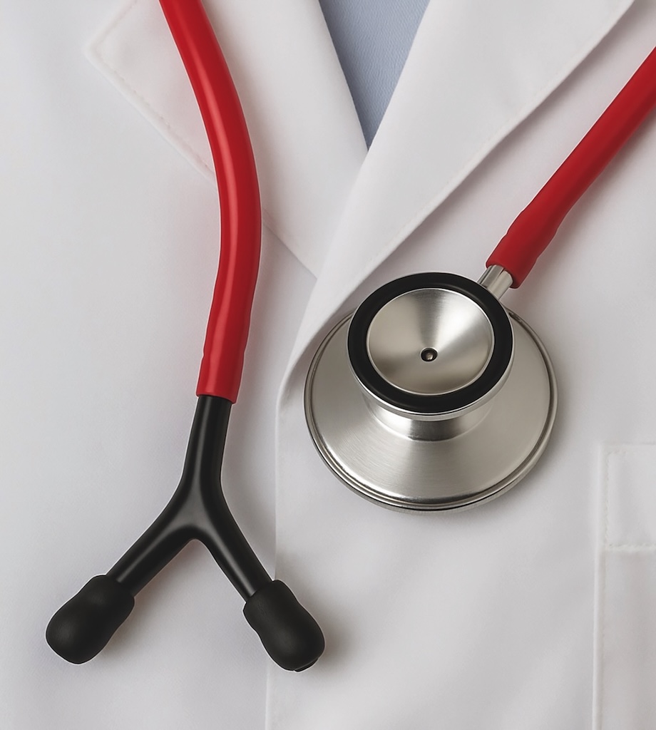 Wir sehen ein gerät zum Pulsabhören welches um den hals einer Person in Arztkittel hängt