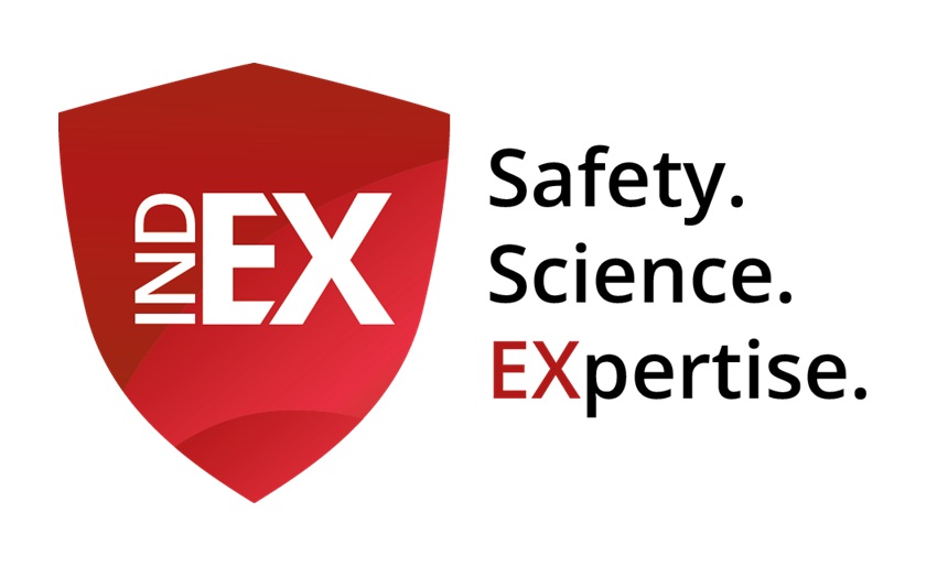 Logo der IndEx mit Slogan Safety. Science, EXpertise. Links ein rotes Schild mit weißer Schrift INE EX