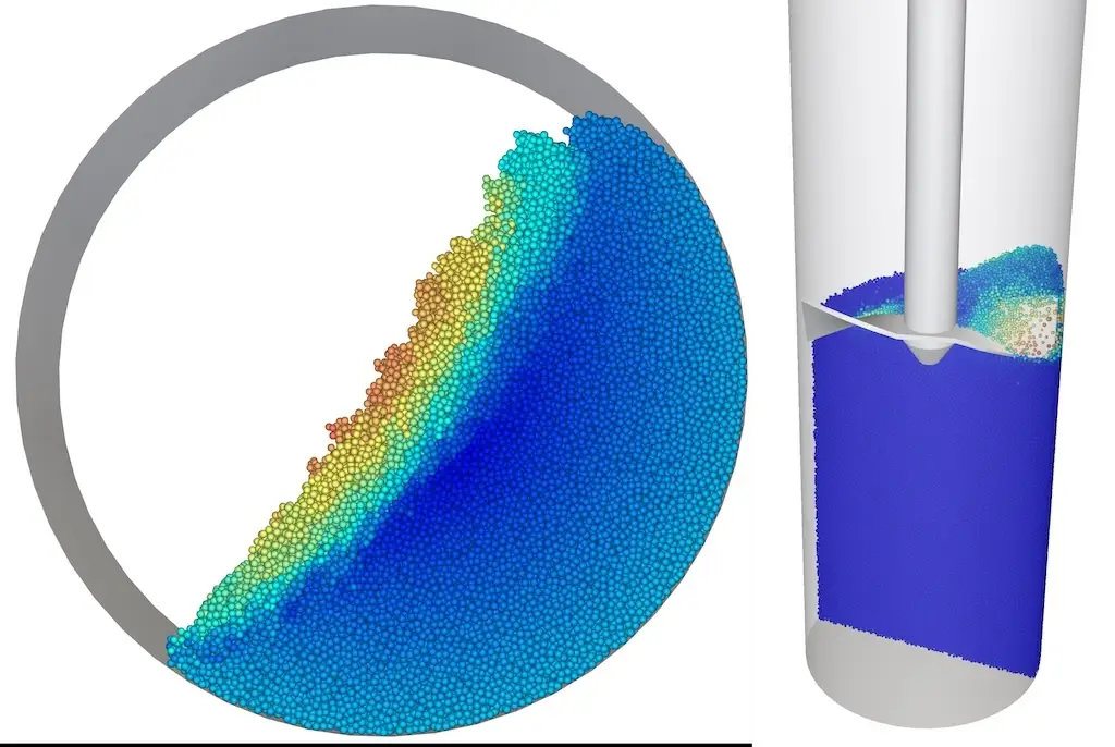 Eine Simulation von kleinen Kügelchen in rechtes einen Kolben und links einer Kugel