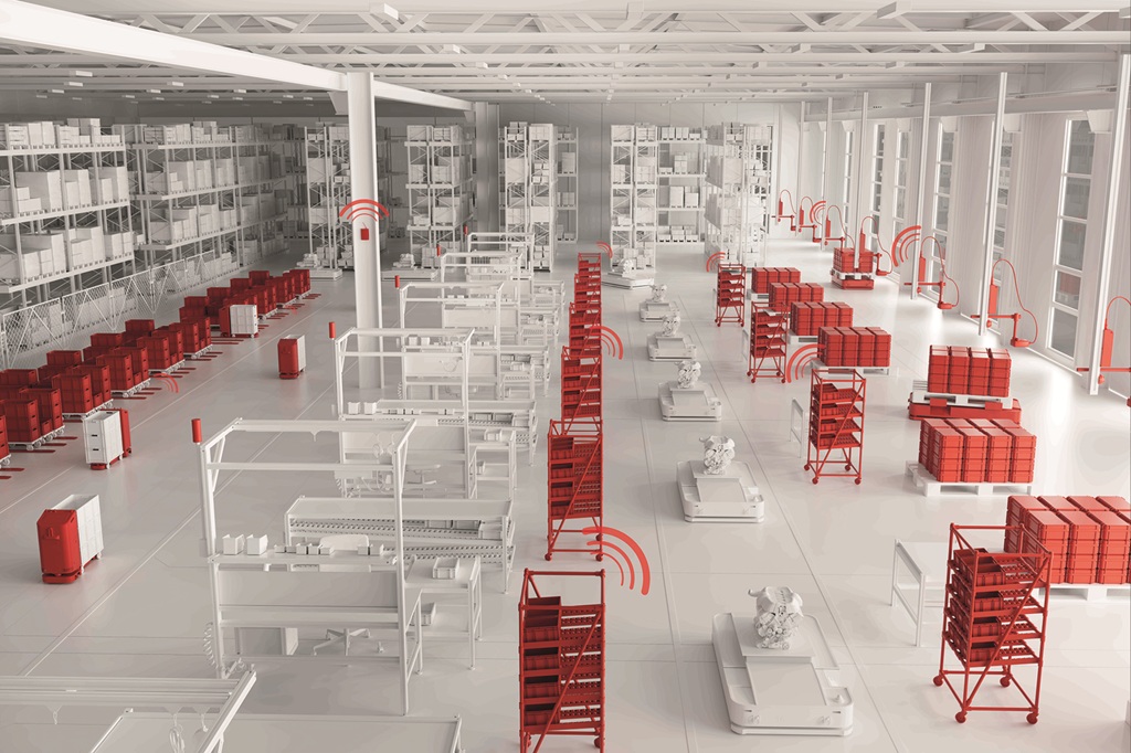 Fiktive Werkshalle mit Arbeitsplätzen und mobilen Einheiten.