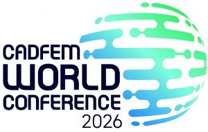 Logo mit einer stilisierten Weltkugel aus blauen und grünen Strichen und Punkten. Daneben Cadfem World Conference 2026