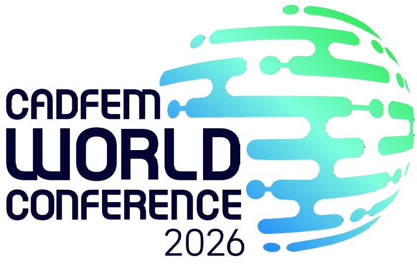 Logo mit einer stilisierten Weltkugel aus blauen und grünen Strichen und Punkten. Daneben Cadfem World Conference 2026