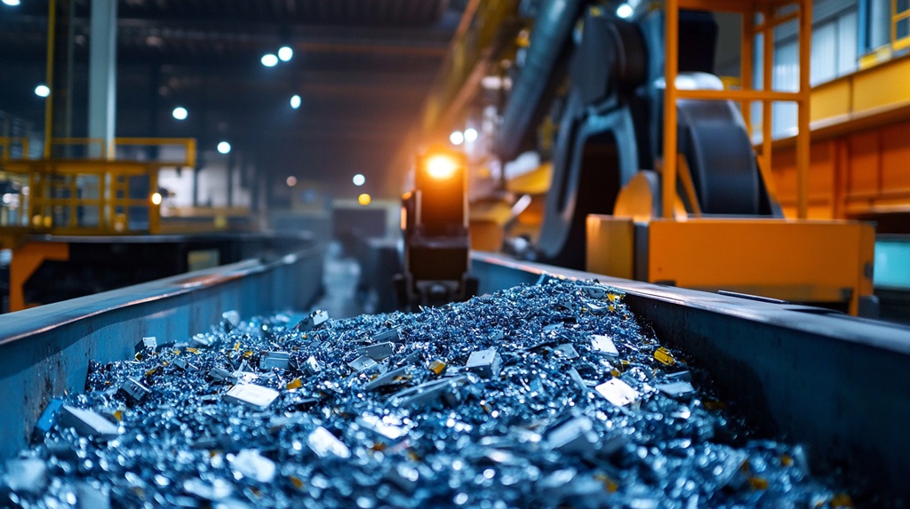 Das Bild zeigt ein industrielles Förderband, auf dem zerkleinerte Batteriezellen transportiert werden. Im Hintergrund arbeiten automatisierte Maschinen, die die Batteriemodule für den Recyclingprozess aufbereiten.