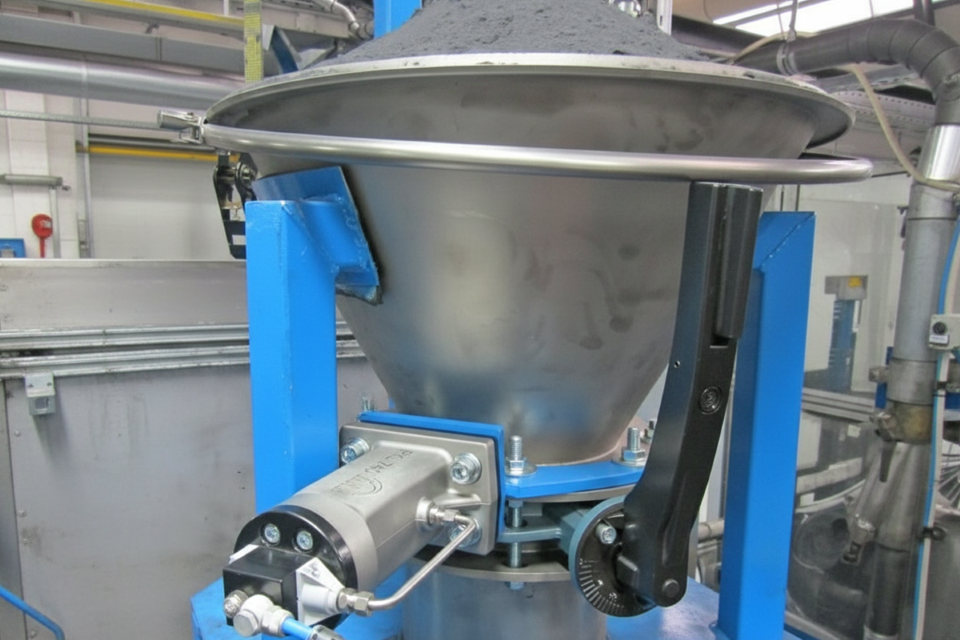 Austragstrichter an dem ein Klopfer angebracht ist.