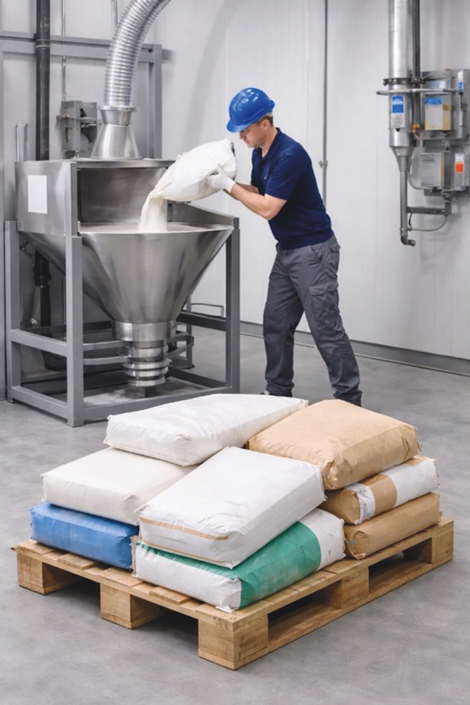 Ein Mann Füllt Säcke in einene Trichter