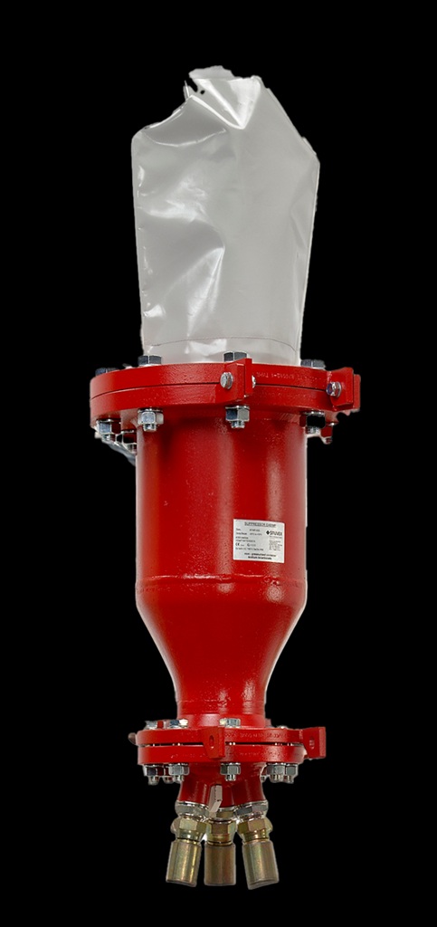 Stuvex Flash Löschmodul mit Druckbehälter und Löschsack zur aktiven Unterdrückung von Staubexplosionen in industriellen Prozessen wie Becherwerken oder Rohrleitungen.