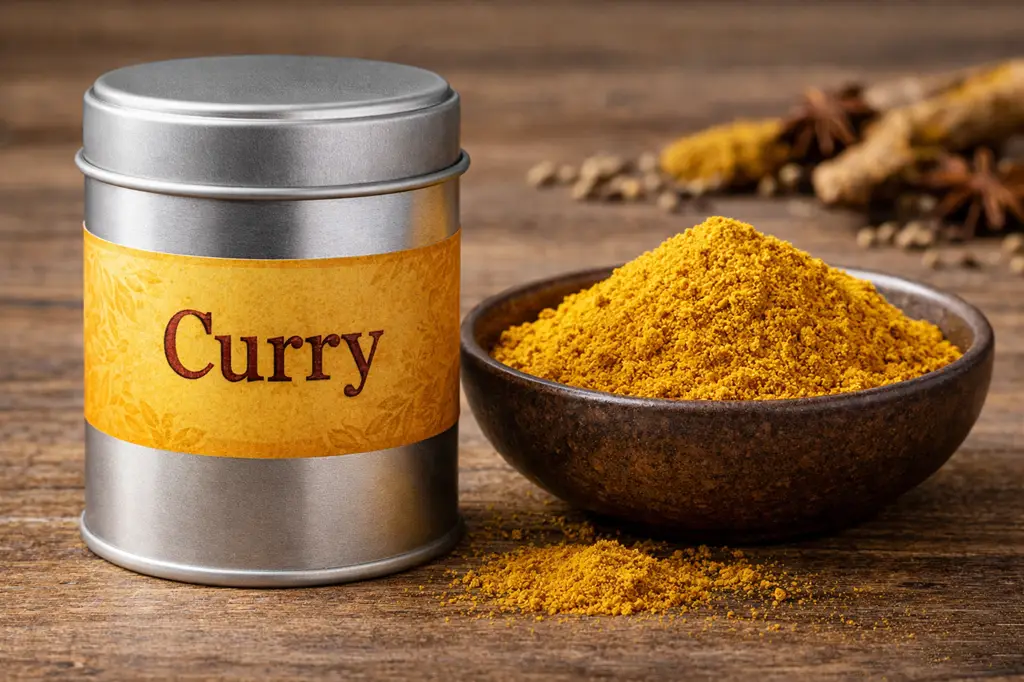 Curry Dose mit einer Schüssel mit Currypulver