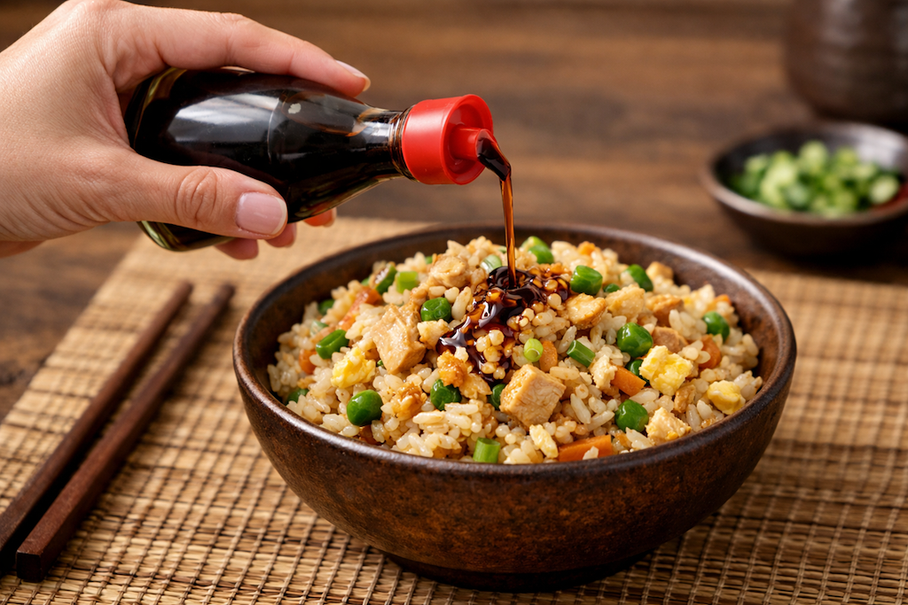Schüssel mit Reis und eine Hand die Soja Sauce darüber kippt